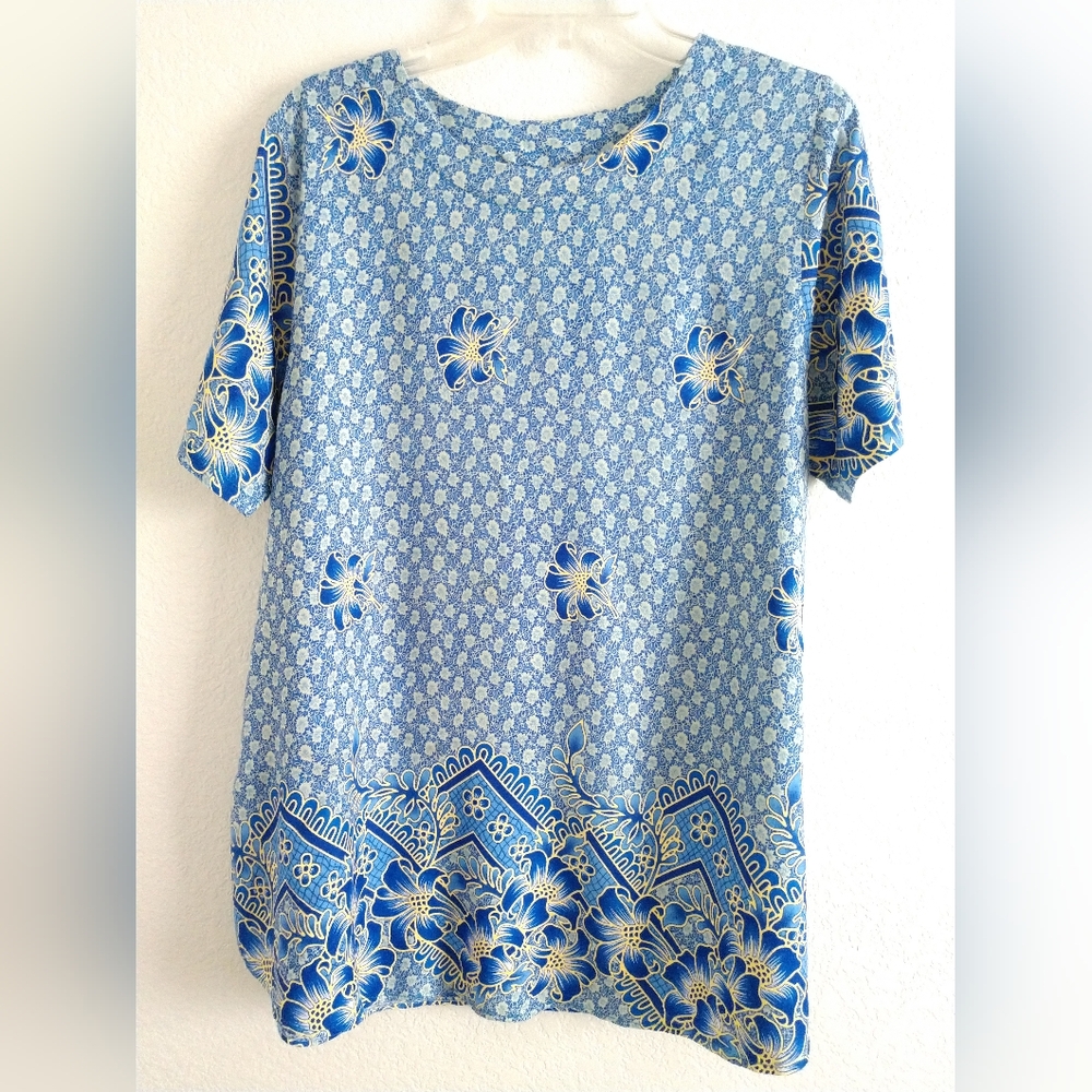 My House Thailand Women's Ethnic Tunic Top Shirt Short Sleeve Blue Floral Size M